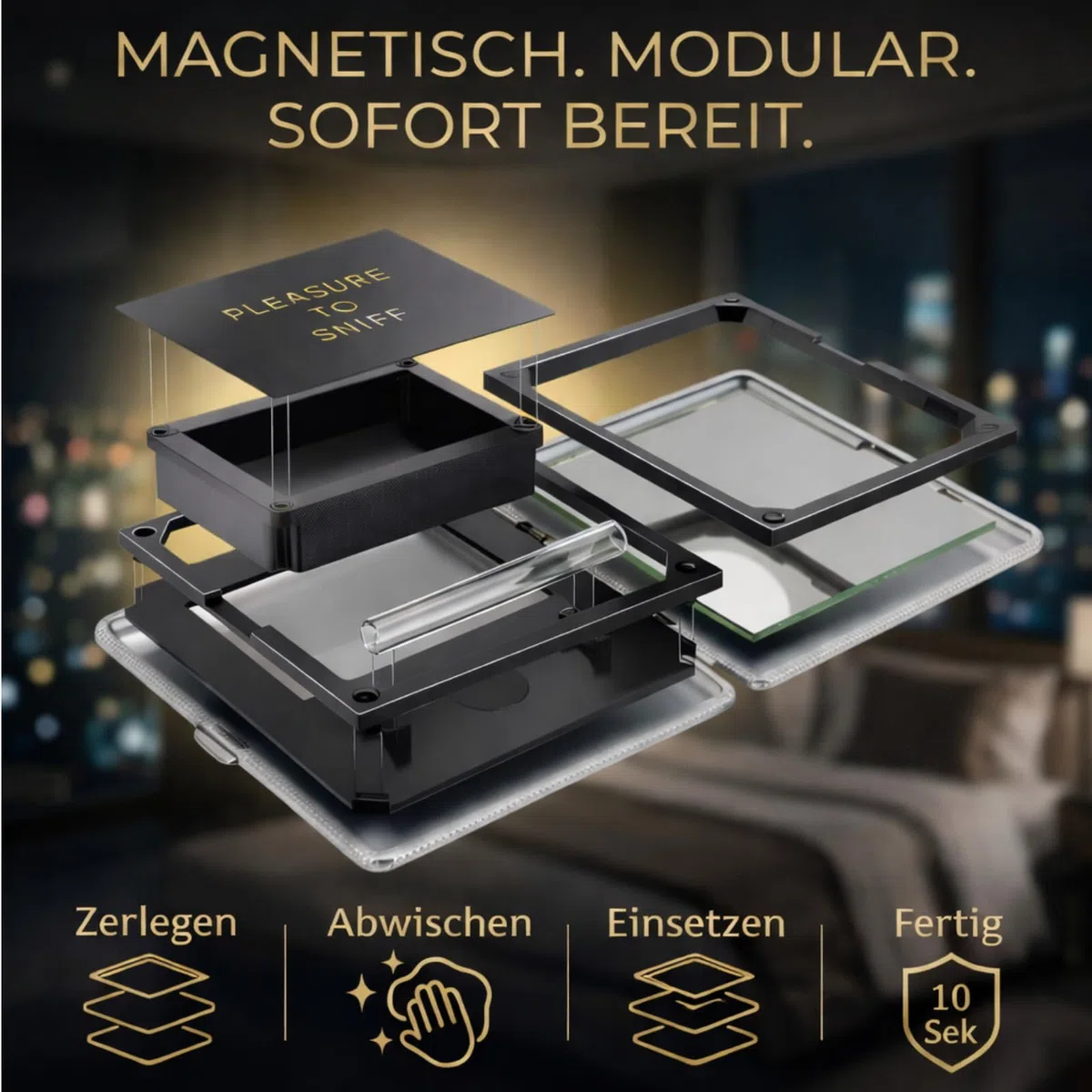 Set da tabacco "The Richman Premium" – Lussuoso, discreto & completamente magnetico! | Stile & funzionalità perfettamente combinati Tubo da tabacco in vetro, specchio & carta | 9 parti magnetiche per