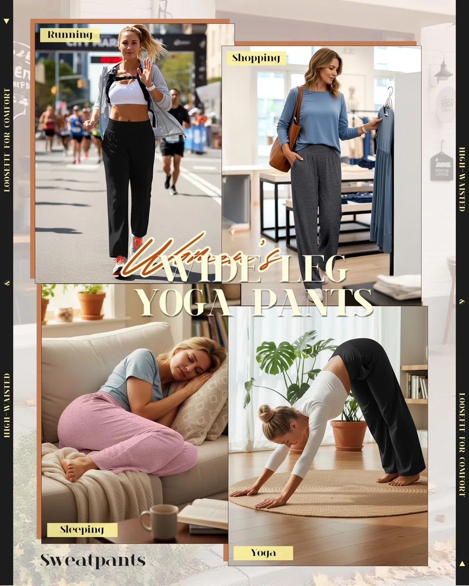 Neer Confezione da 3 Pantaloni da Yoga da Donna a Gamba Larga Pantaloni da Casa con Tasche Pantaloni da Jogging Larghi