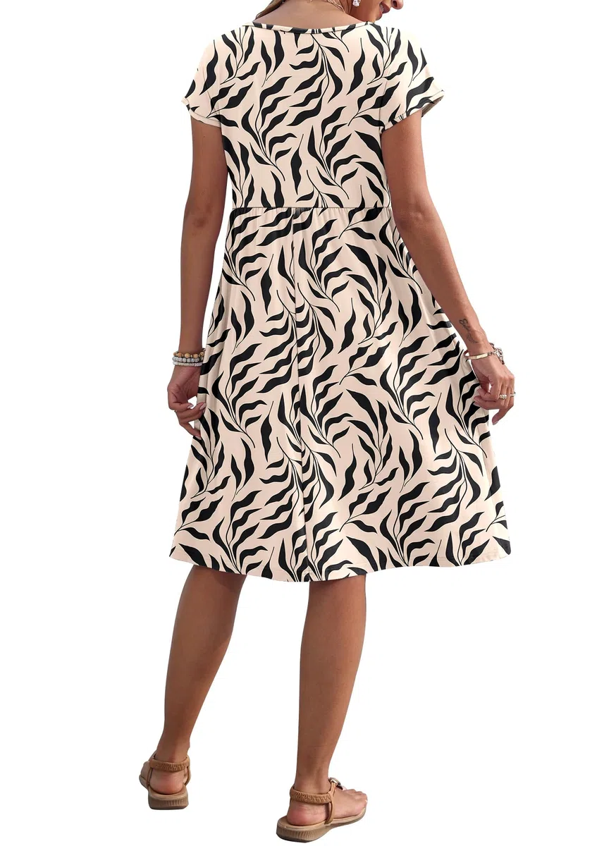 AUSELILY Vestito Estivo da Donna a Maniche Corte Abiti Casual Larghi Abito al Ginocchio con Scollo a Girocollo e Tasche