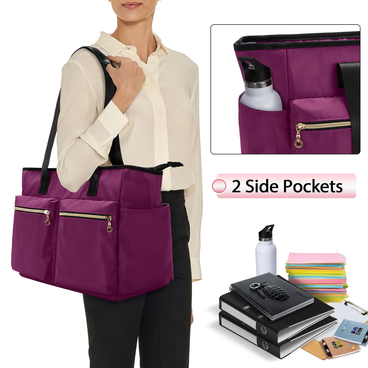 Damero Borsa dell'insegnante, grandi Borse Tote per insegnante, scuola, ufficio, affari con cerniera superiore e tasca imbottita per laptop,Viola