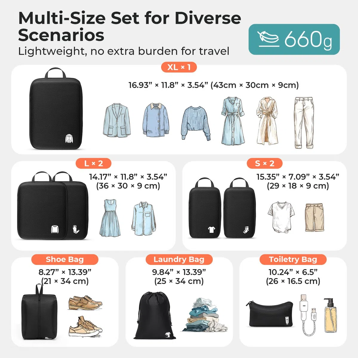 Organizer Valigia Packing Cubes Compression 8 Pezzi Set Travel Organizer