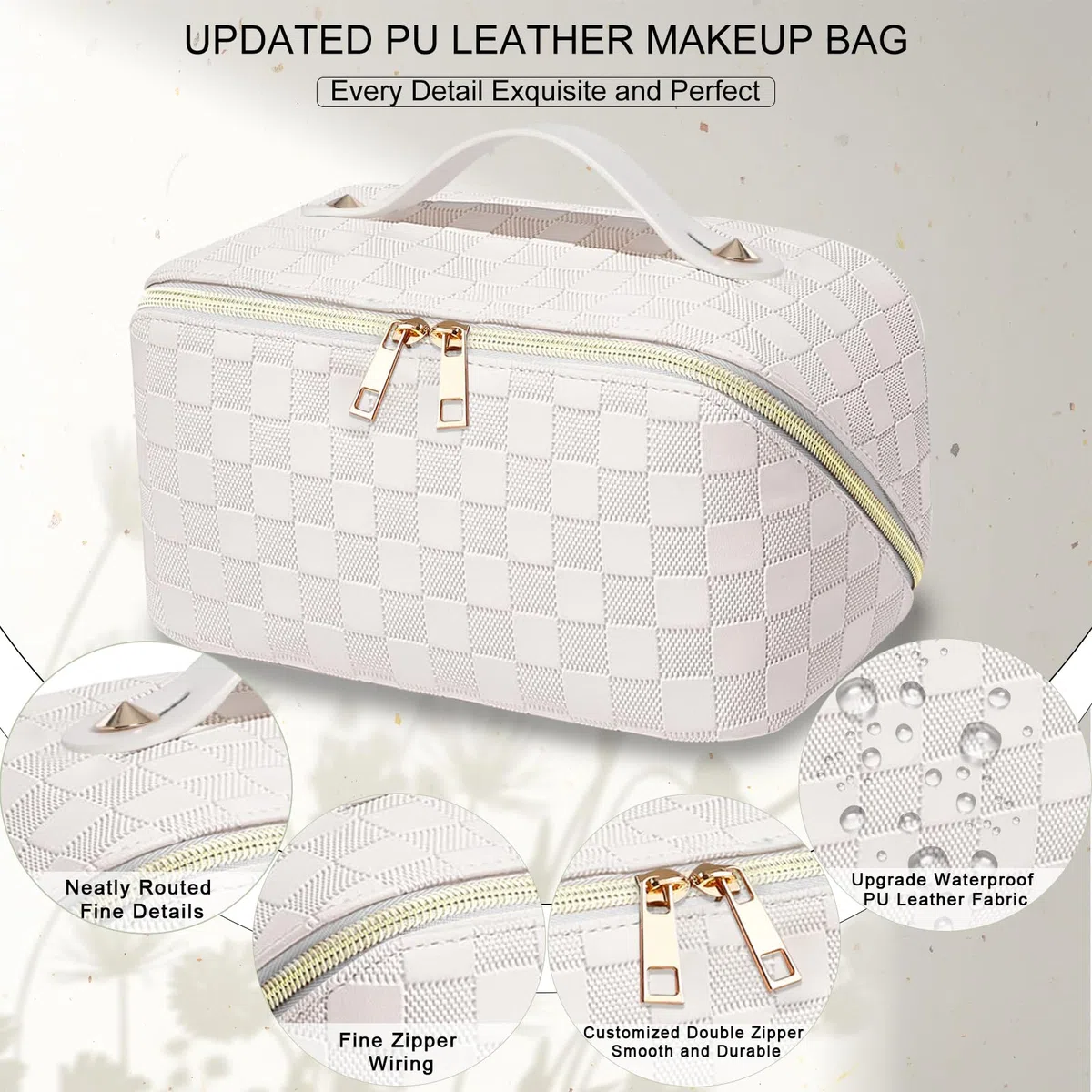 Beauty Case Donna,Trousse Trucchi Donna Borsa Cosmetica da Viaggio in Aggiornata Pelle PU,Borsa Porta Trucchi da Toilette Makeup Bag Organizer(Scacchi-Bianco)