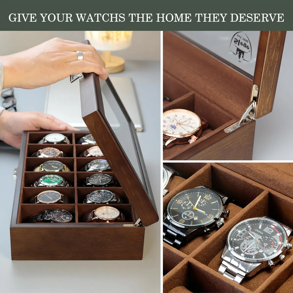 Slege porta orologi in Legno a 12 Posti,Scatola per orologi in Legno,Elegante Porta orologi uomo,Vetrina in Vetro Porta orologi per 12 orologi,Watch box per uomo Regalo (Marrone)