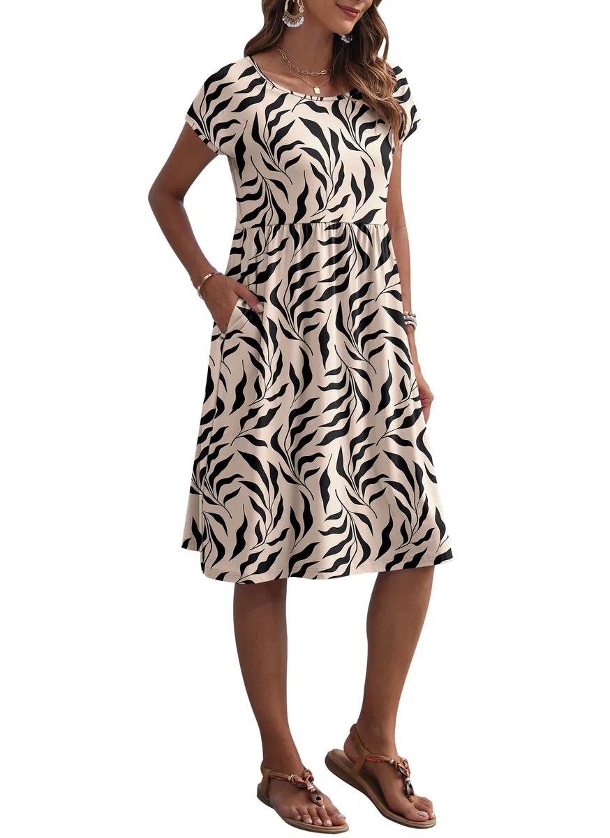 AUSELILY Vestito Estivo da Donna a Maniche Corte Abiti Casual Larghi Abito al Ginocchio con Scollo a Girocollo e Tasche