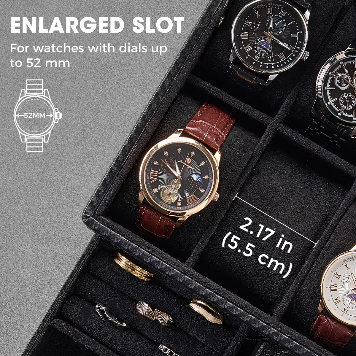 ProCase 8 Slot Scatola Orologio per Gli Uomini, Gioielli Organizzatore Scatola con Cassetto, Mostra Custodia con Coperchio di Vetro -Tutto Nero