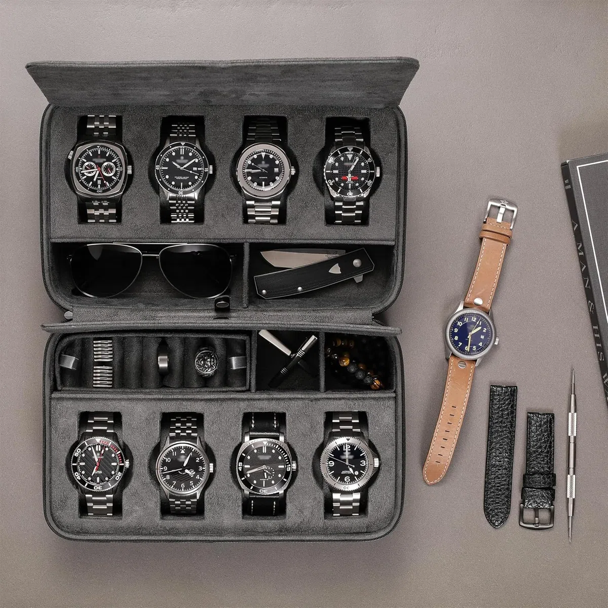 ROTHWELL Custodia da viaggio per 8 orologi, per 8 orologi, 2 paia di occhiali da sole, anelli e gemelli, resistente protezione portatile con cerniera, adatta a tutti gli orologi da polso e smartwatch