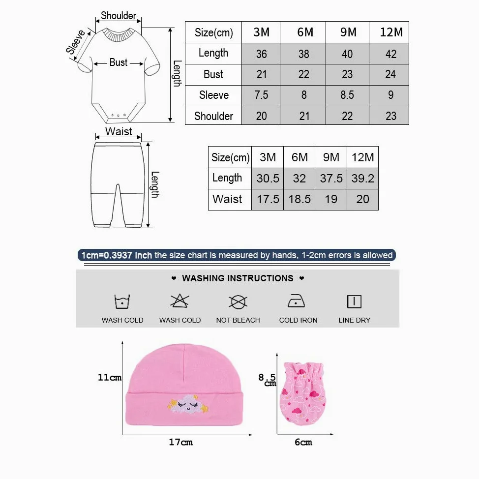 Kiddiezoom - Set di vestiti per bambini, body, pantaloni, cappellini e guantini antigraffio in cotone
