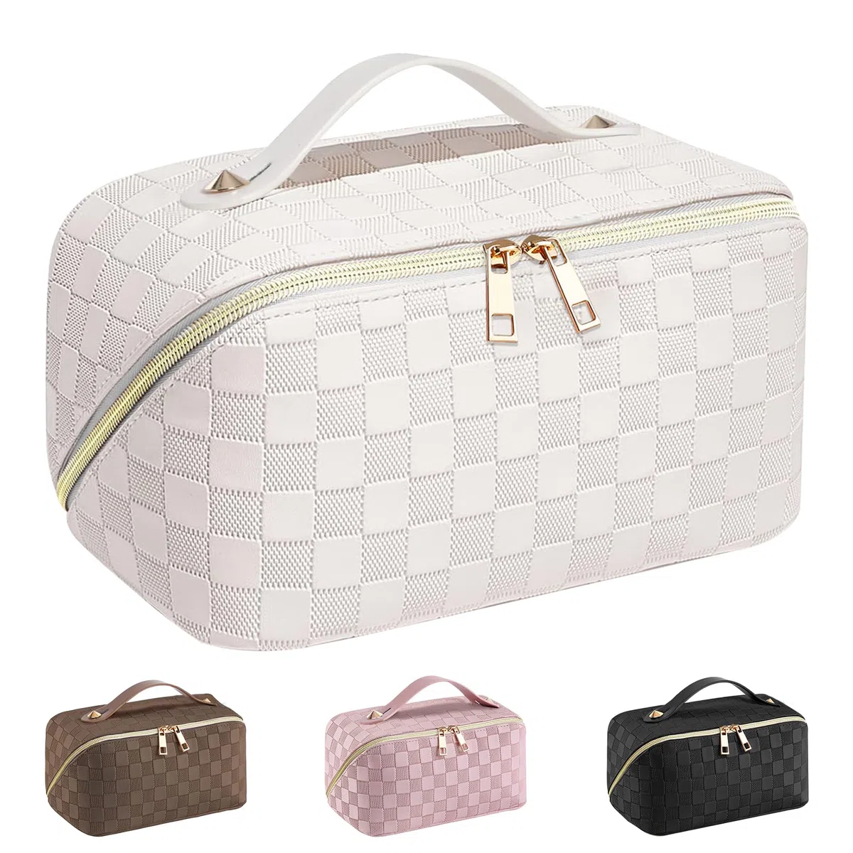 Beauty Case Donna,Trousse Trucchi Donna Borsa Cosmetica da Viaggio in Aggiornata Pelle PU,Borsa Porta Trucchi da Toilette Makeup Bag Organizer(Scacchi-Bianco)