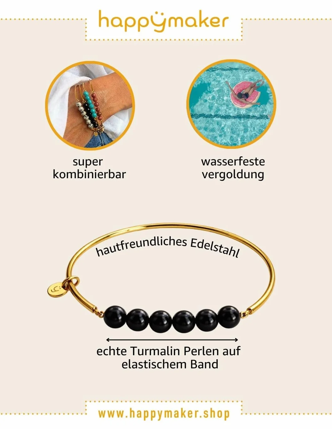 Bracciale elastico da donna color oro con perle di onice e ciondolo fatto a mano in Germania