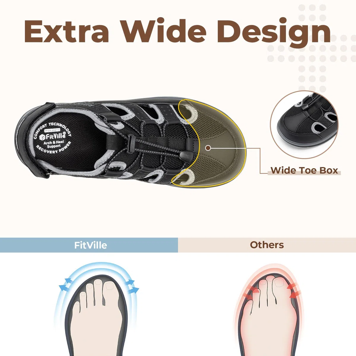 FitVille Sandali Larghi Estivi da Donna Traspiranti e Comodi con Chiusura Elastica a Lacci e Strappo per l'Outdoor
