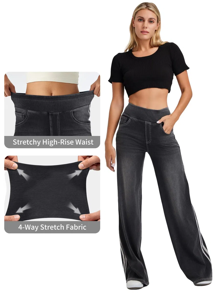 LaiEr Jeans a Gamba Larga Donne,Design Unico a Blocchi di Colore,Vita Alta con Controllo del Ventre,Fit Sviluppato Adatti per Pantaloni di Jeans Baggy con Alta Elasticità