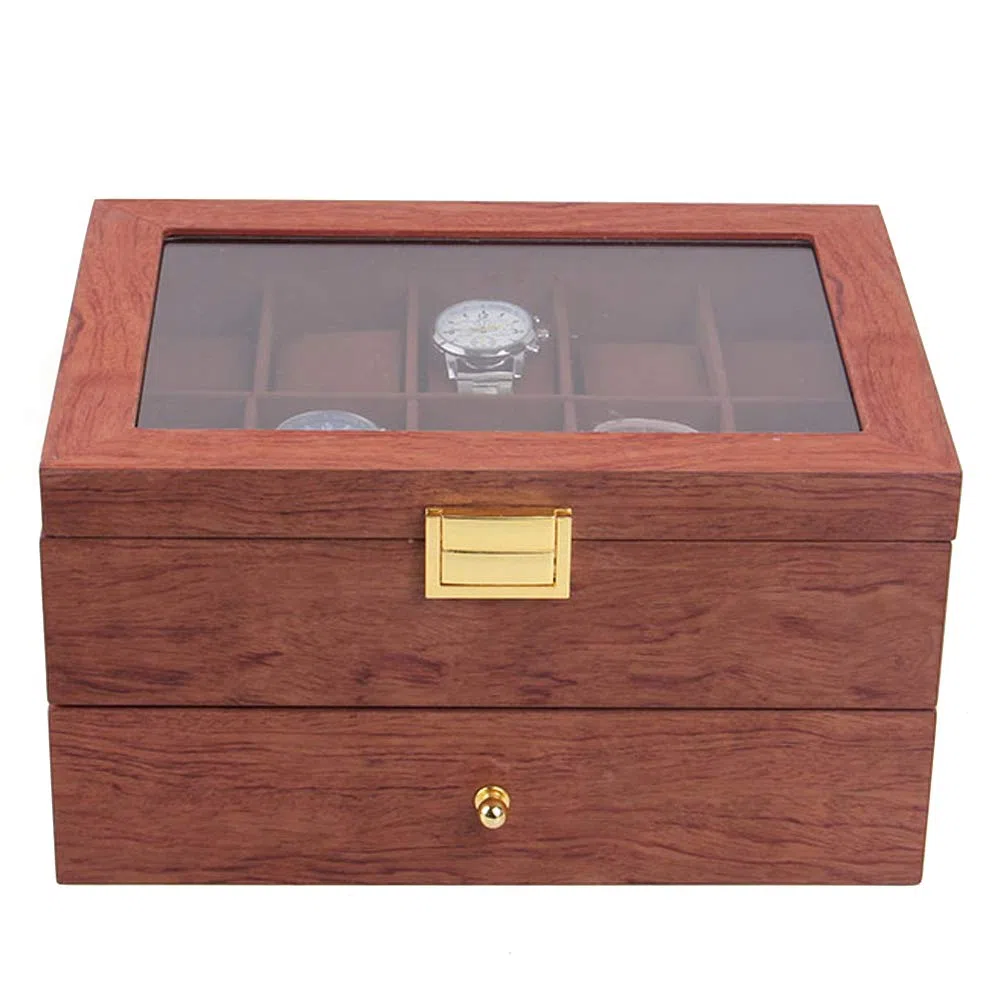 Scatola per orologi in legno massello, scatola per orologi da uomo/donna, con coperchio in vetro, 20 scomparti 2 piani