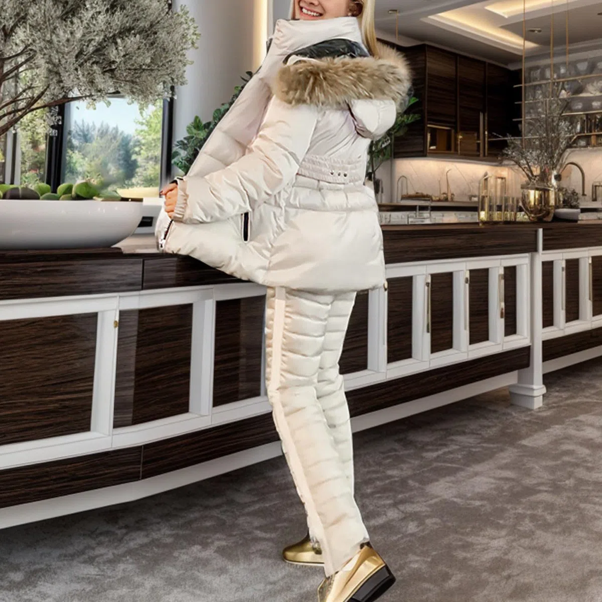 Generico Tuta Sci Cappotti Cappuccio calda spessa casual da donna Tuta da sci con cappuccio imbottita in cotone con cerniera per sport all'
