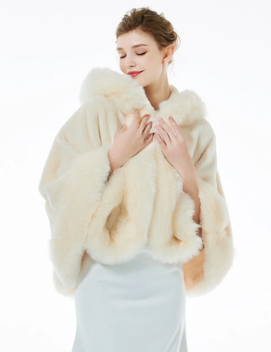 BEAUTELICATE Donna Mantello Corto con Cappuccio in Pelliccia Sintetica Stola in Pelliccia Caldo Cappotto per Matrimonio Invernale Sposa