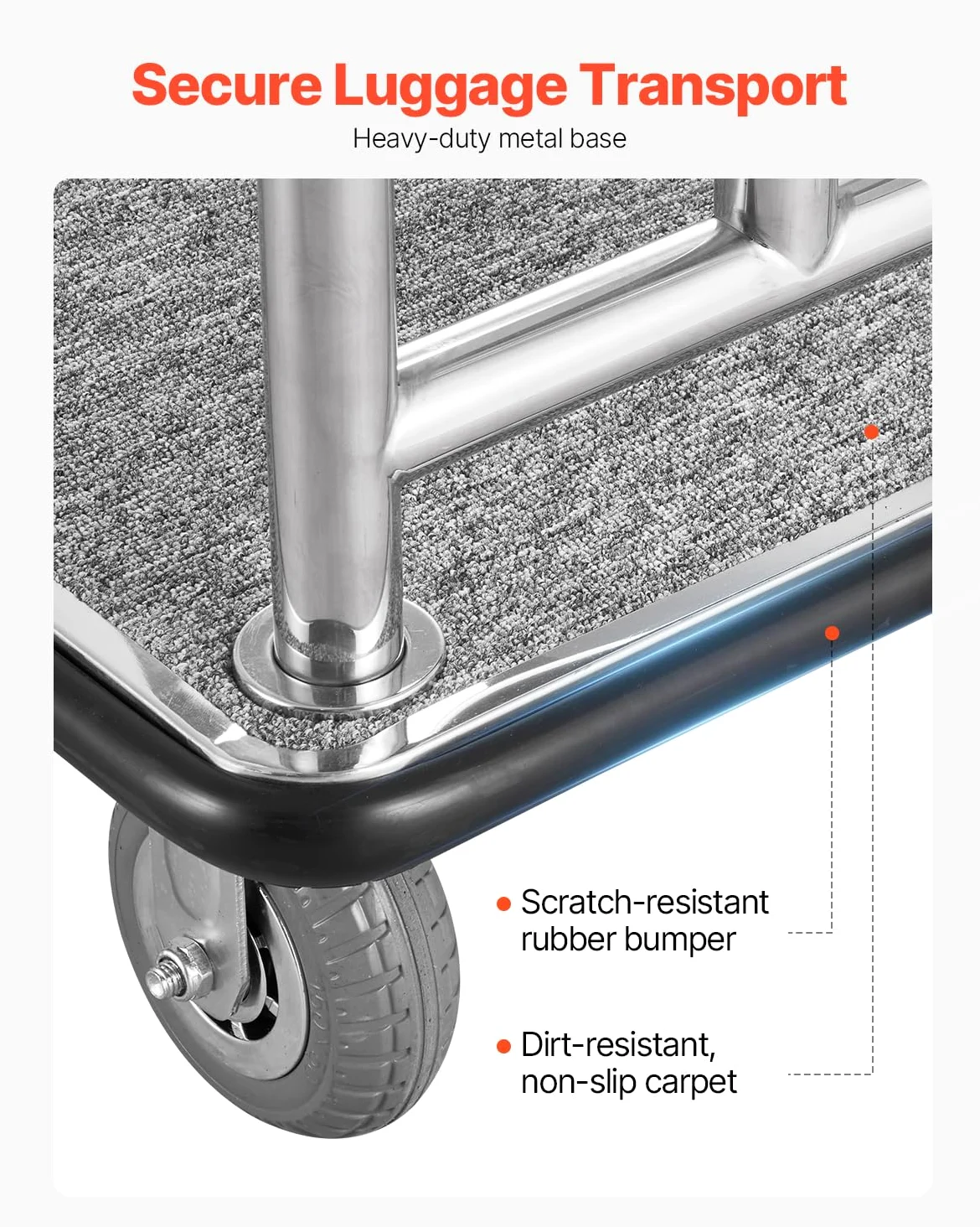 VEVOR Carrello Portavaligie per Hotel, Carico 340 kg Carrello Trasporto Portavaligie con Telaio Anteriore Rimovibile, Ponte in Moquette Grigia e Ruote in Gomma 152,4 mm per Hotel, Condomini, Resort