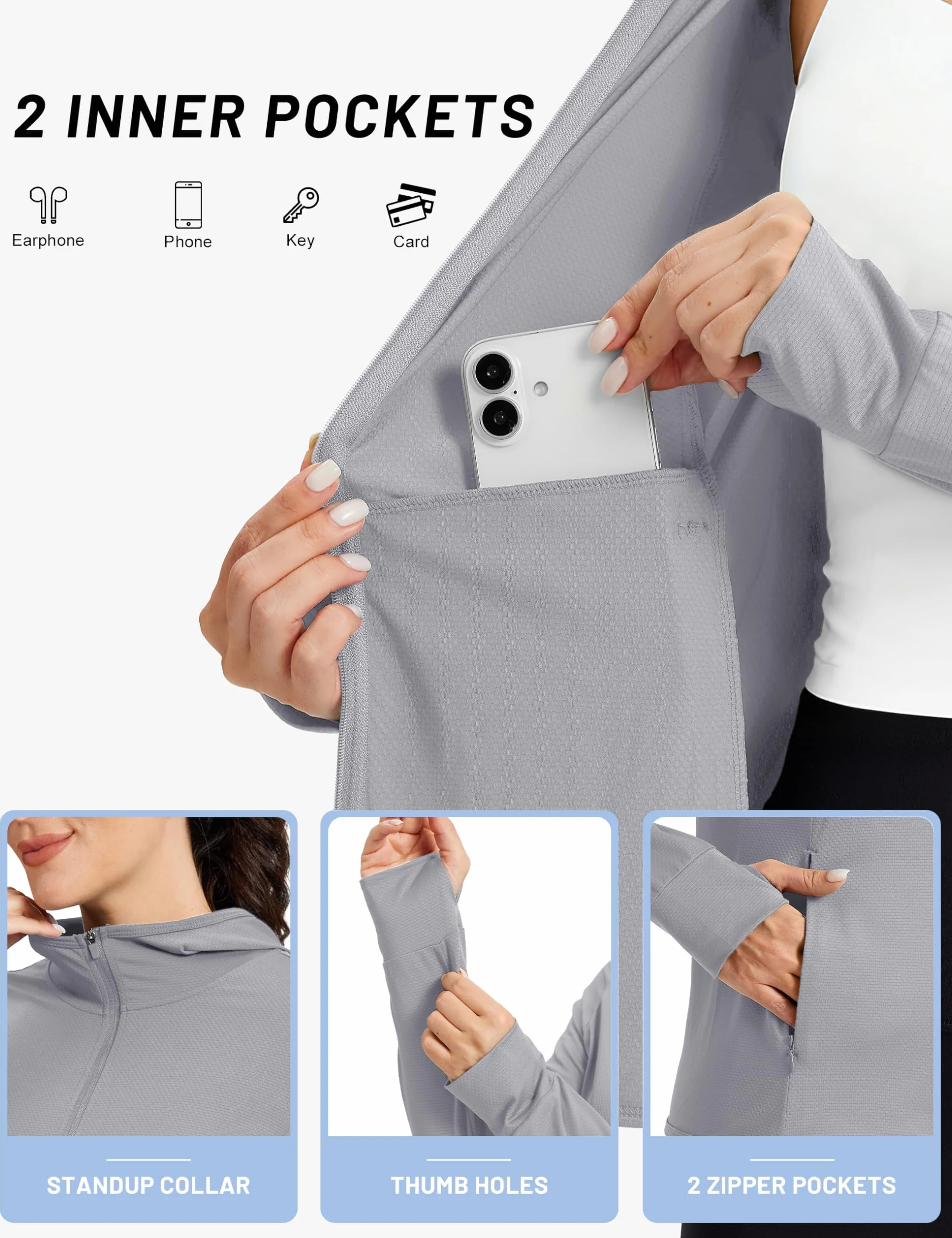 TACVASEN Maglietta da donna con cappuccio, a maniche lunghe, ad asciugatura rapida, sportiva, con cerniera, con foro per il pollice