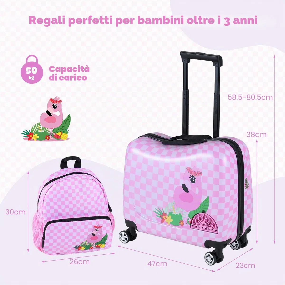 SOARS Set di Valigia Cavalcabile 18’’ + Zaino 12’’ per Bambini 2 Pezzi, Bagagli 2-in-1 di con Maniglia Telescopica e 4 Ruote, Trolley Bagaglio a Mano e Zaino per Bambini (Rosa Fenicottero)
