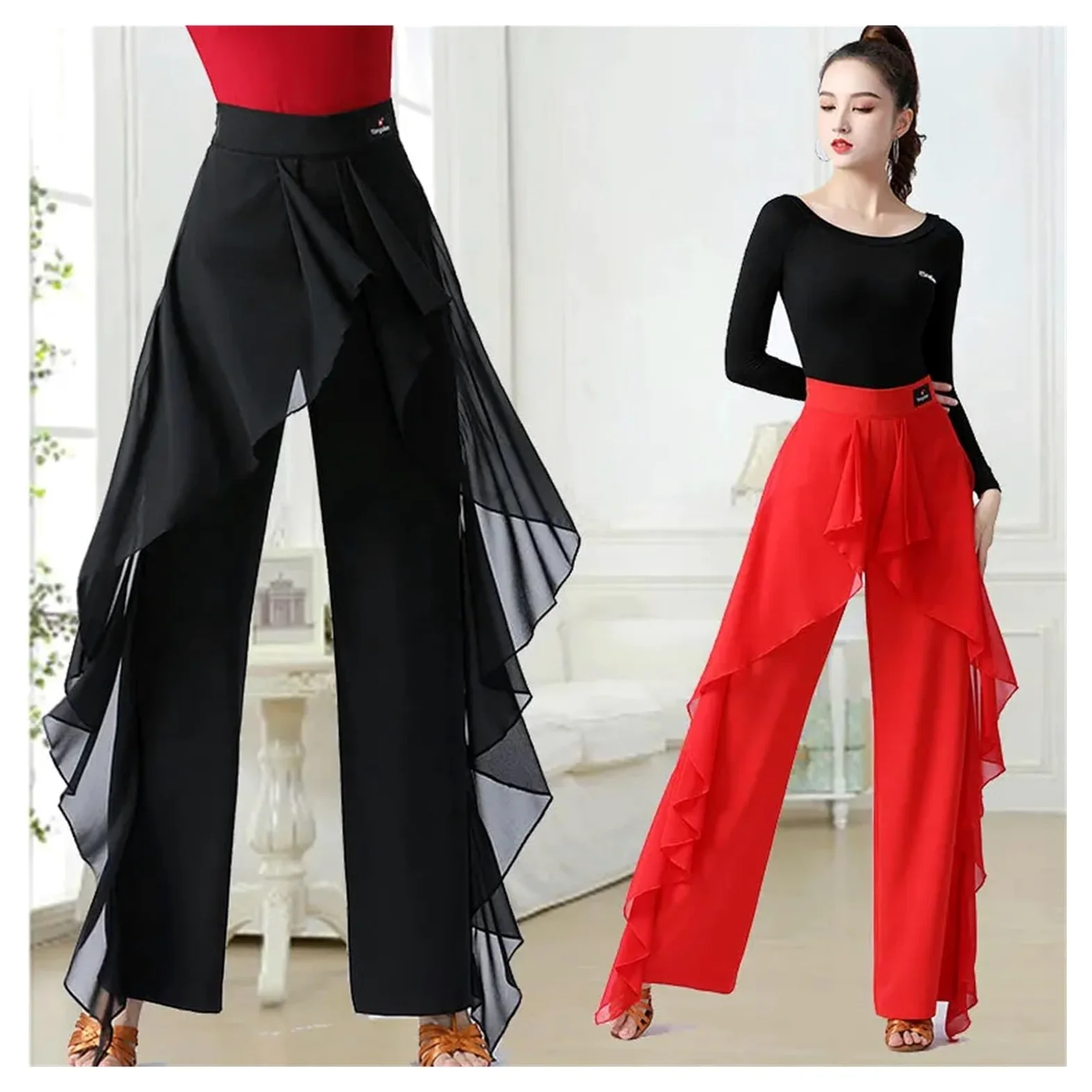 Pantalone Donna Elegante Pantaloni da Ballo Latino for Donna, Moderno, a Vita Alta, con Volant, Sala, Tango, for esibizioni e Prove