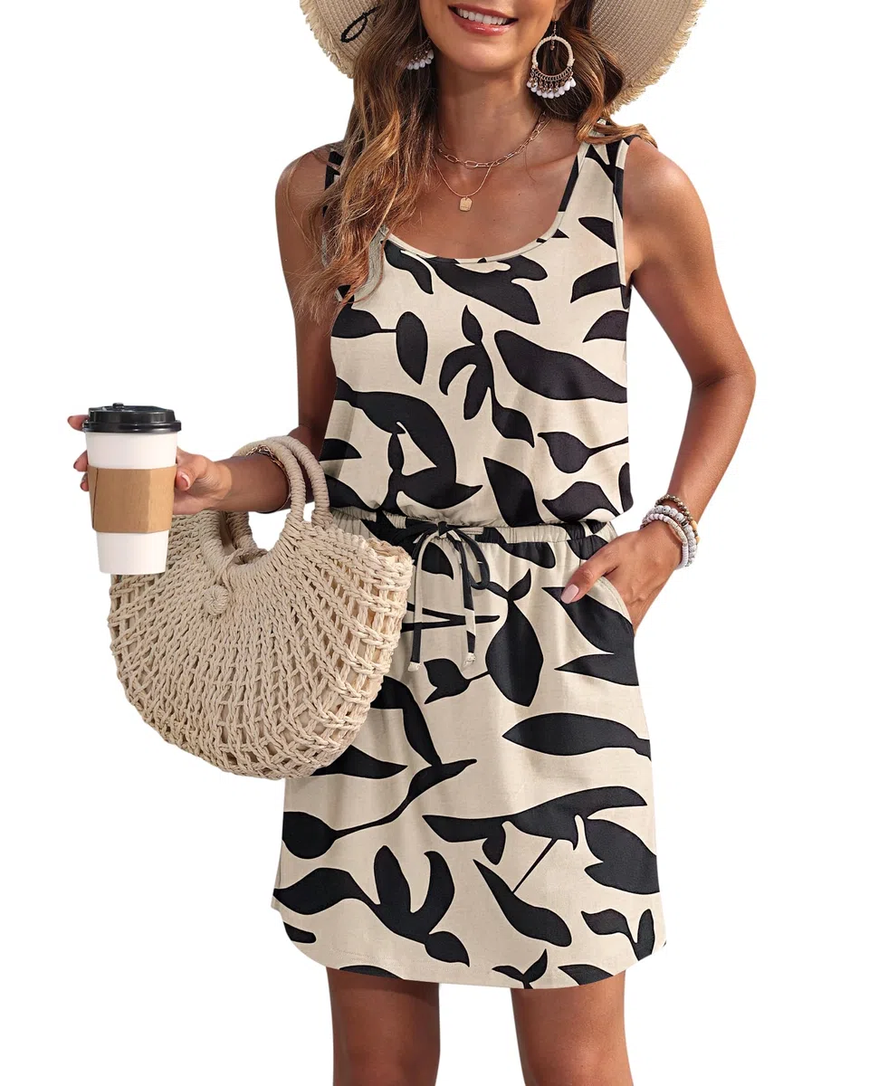WNEEDU Vestito Estivo da Donna Senza Maniche da Spiaggia con Scollo a U e Coulisse Vestito Arioso da Donna Estivo con Tasche