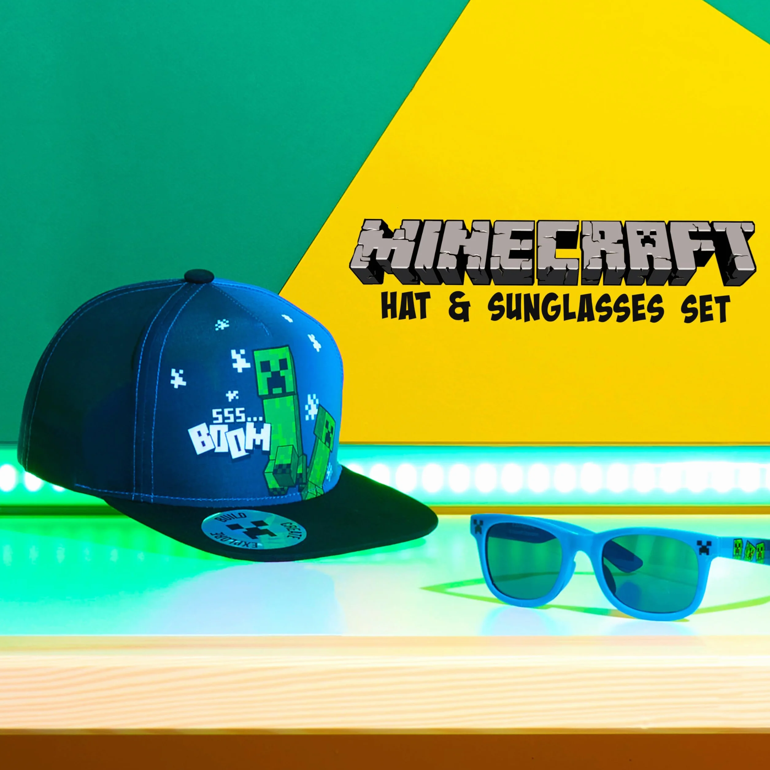 MINECRAFT Occhiali Sole Cappello Bambino Set Creeper Berretto Baseball Regolabile Visiera UV
