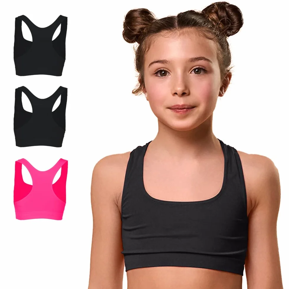 FOCENZA Set 3 Pezzi Top Bambina Microfibra Reggiseno Sportivo Bimba Elasticizzato Confortevole Ginnastica Artistica