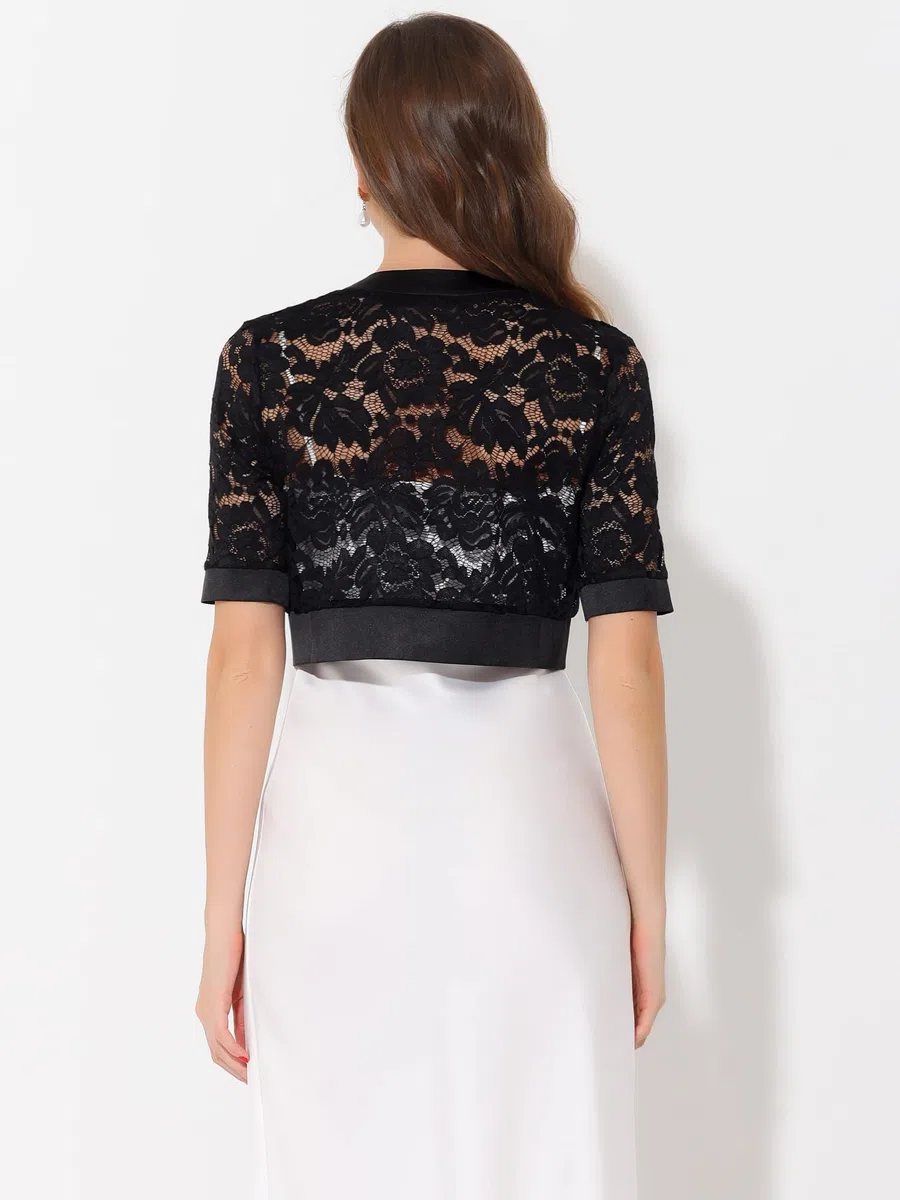 Allegra K Bolero - Coprispalle da donna, in raso, a maniche corte, in pizzo