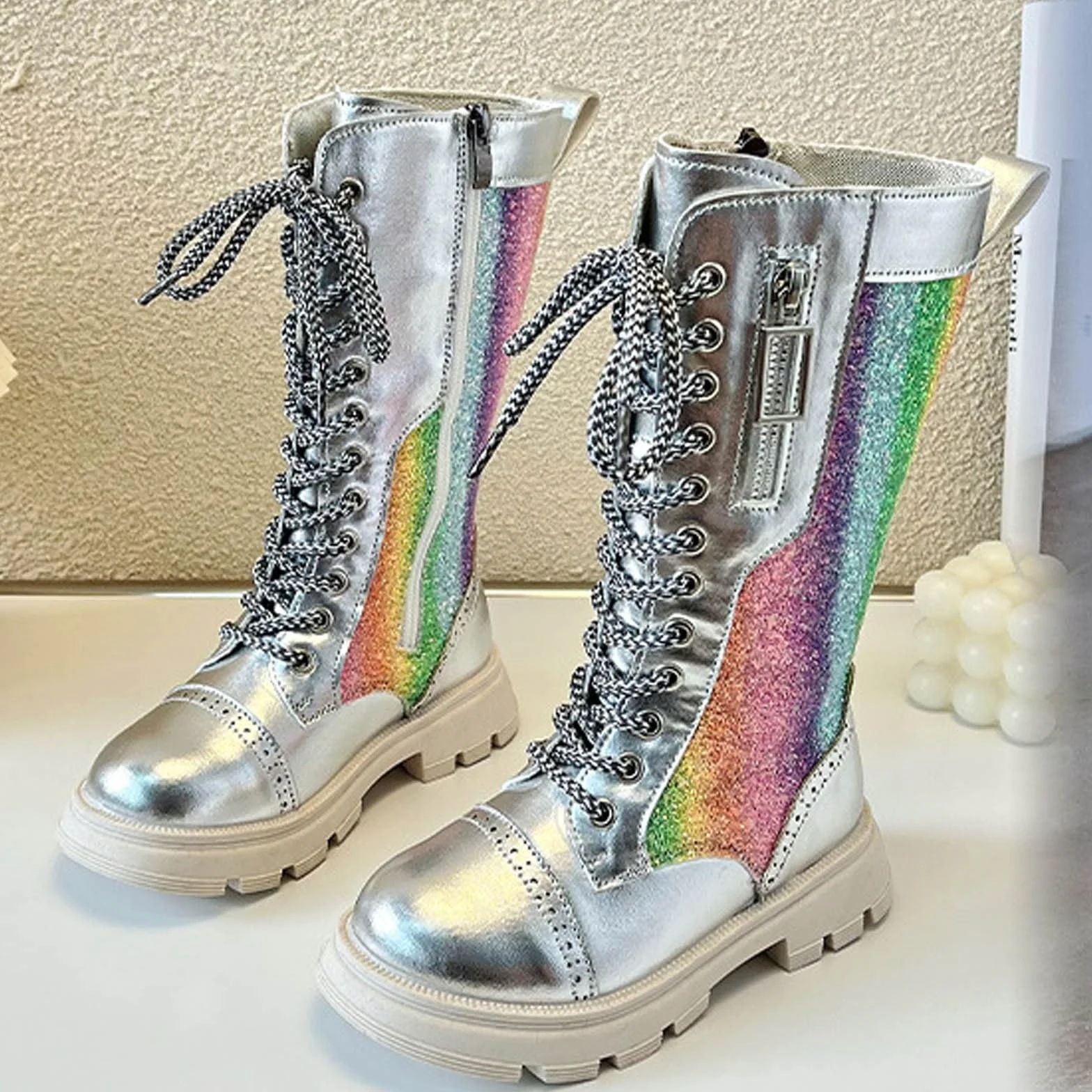 Stivali da Principessa Paillettes in Pelle Stivaletti Lunghi Eleganti con Cerniera Laterale per Ragazze
