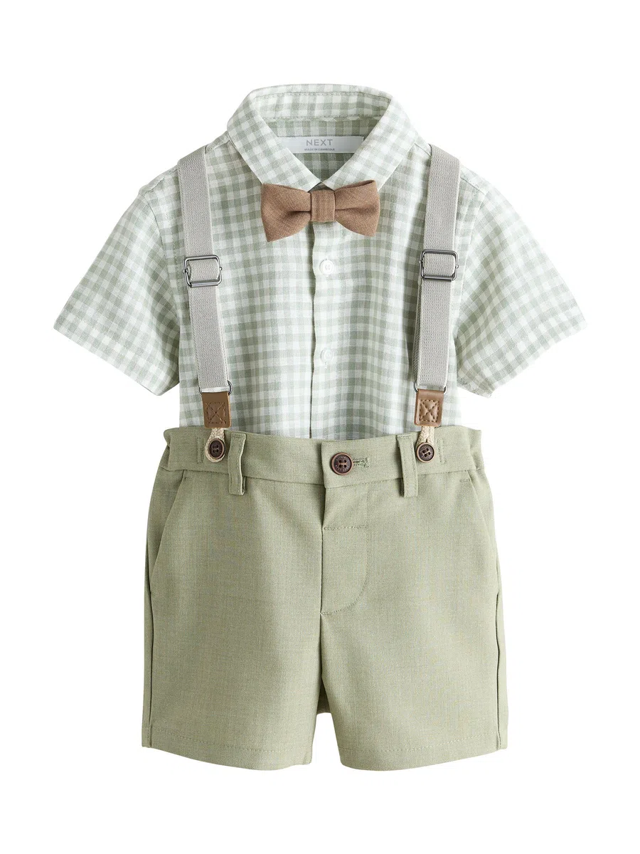 NEXT Ragazzo Completo con camicia, shorts, bretelle e farfallino