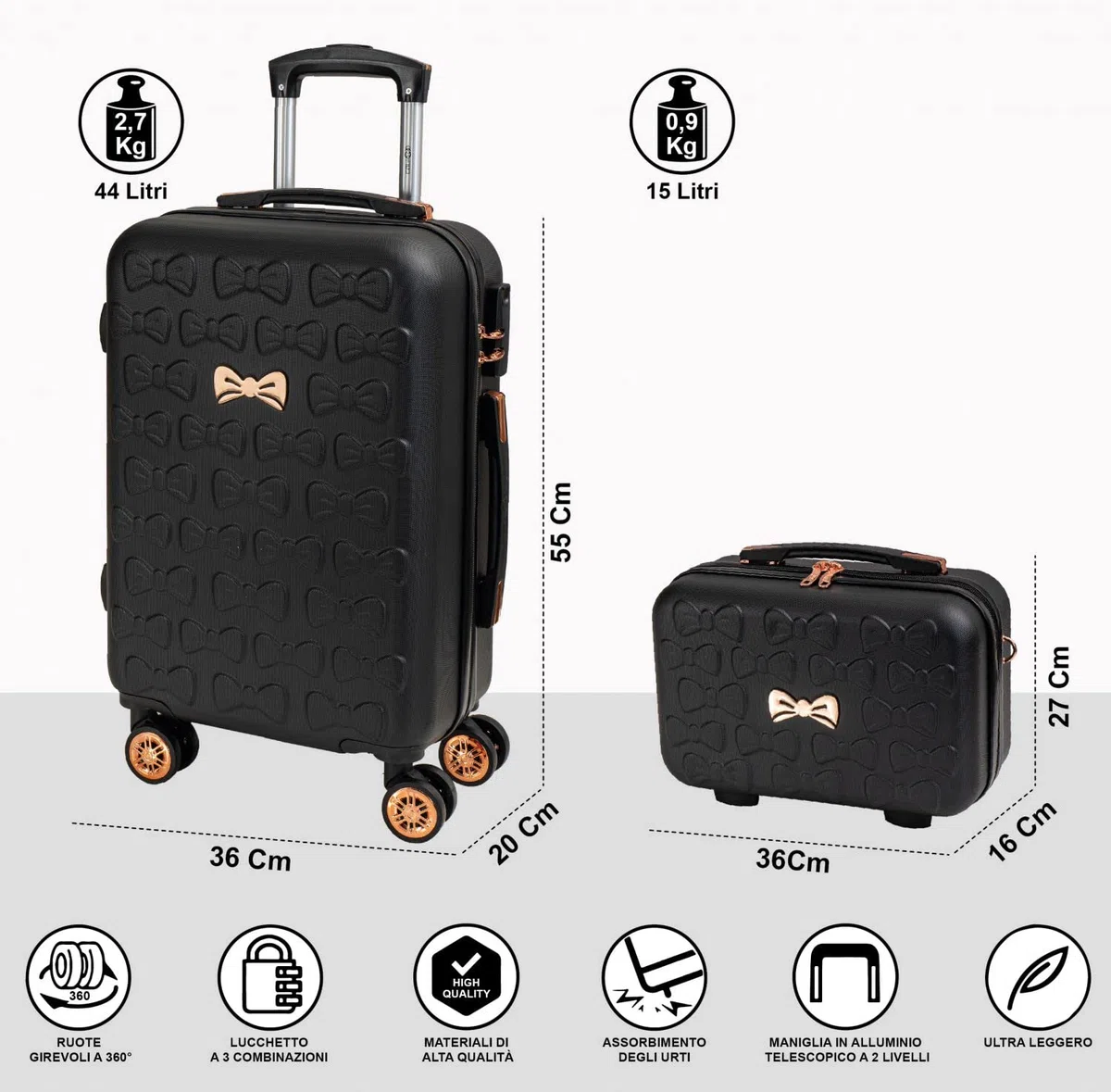 CABIN GO 5591 Set 2 Valigie Trolley Viaggio Rigide ABS, Bagaglio a Mano e da Stiva, Trolley rigido con ruote girevoli 55x40x20 e Bagaglio a Mano rigido 35x27x16