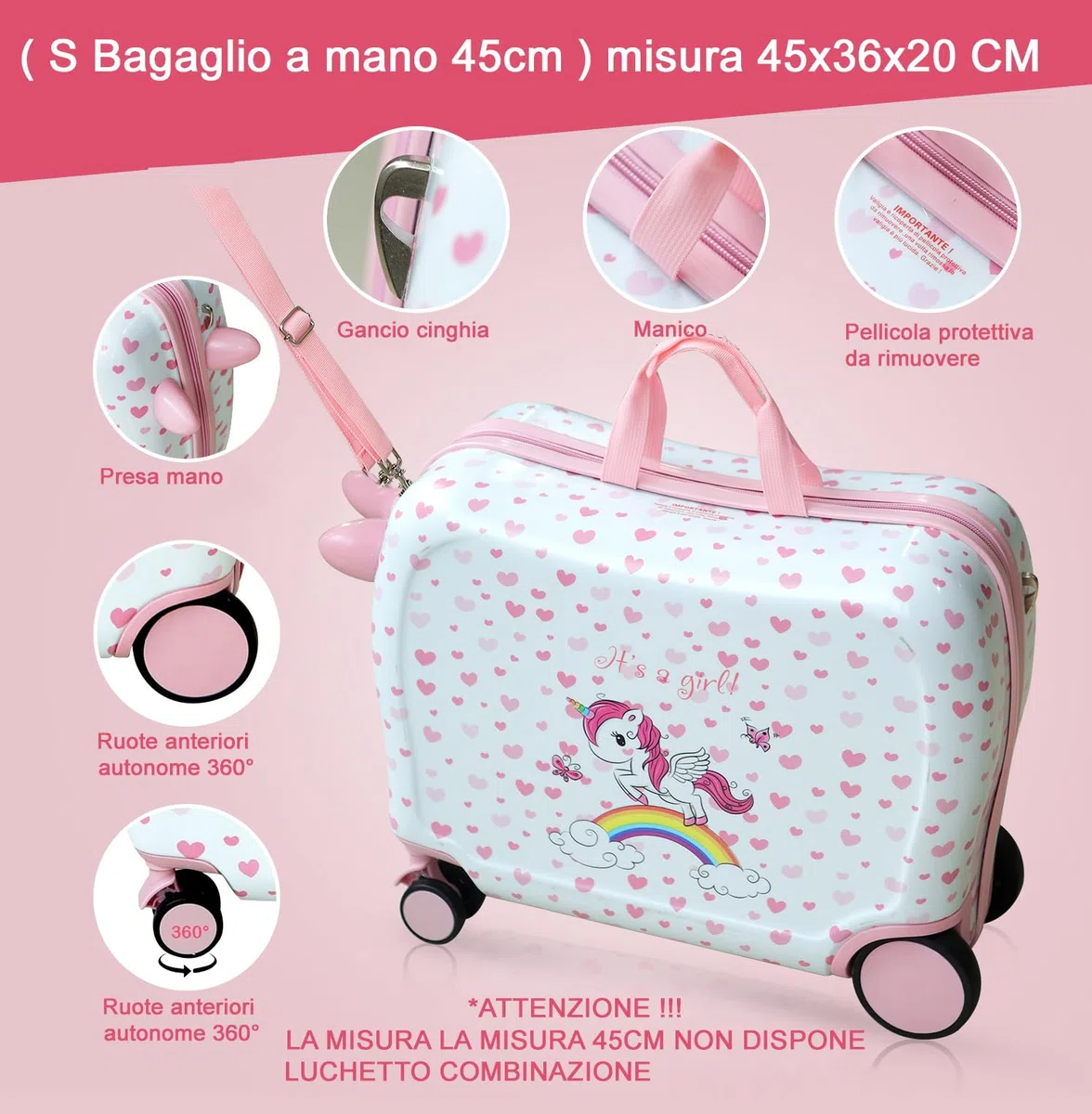 R.Leone Valigia Cavalcabile per Bambina EasyJet 45x36x20 cm + 30x23x14 cm Set 2 Pezzi Trolley Bagaglio a mano 4 Ruote e Zaino 3252 (Unicorno, Valigia 45x36x20cm+Zaino con corno)
