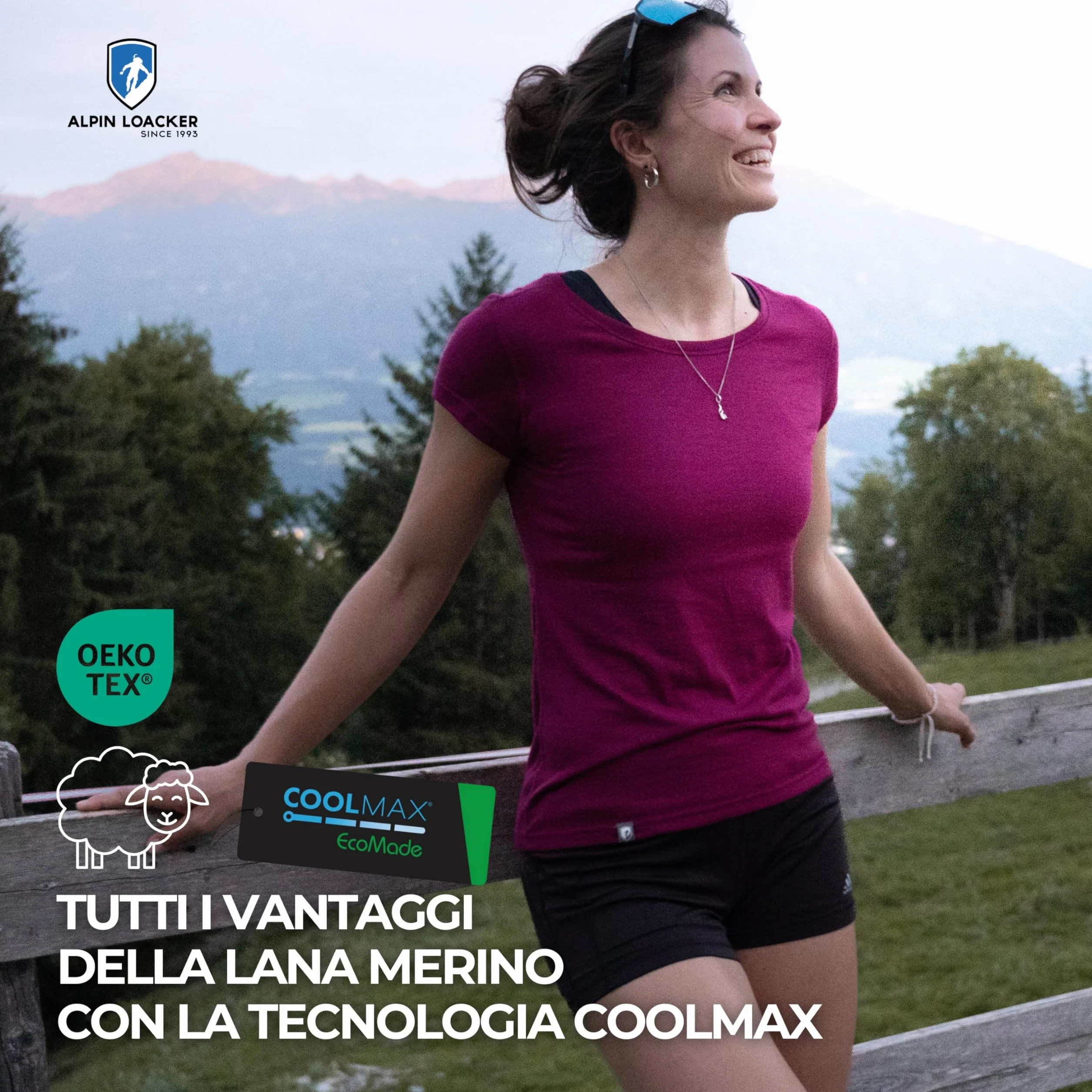 ALPIN LOACKER Coolmax - Maglietta da Donna in Lana Merino a Maniche Corte, 150 g/m2, Traspirante, ad Asciugatura Rapida e Fresca, Maglietta Termica in Lana Merino