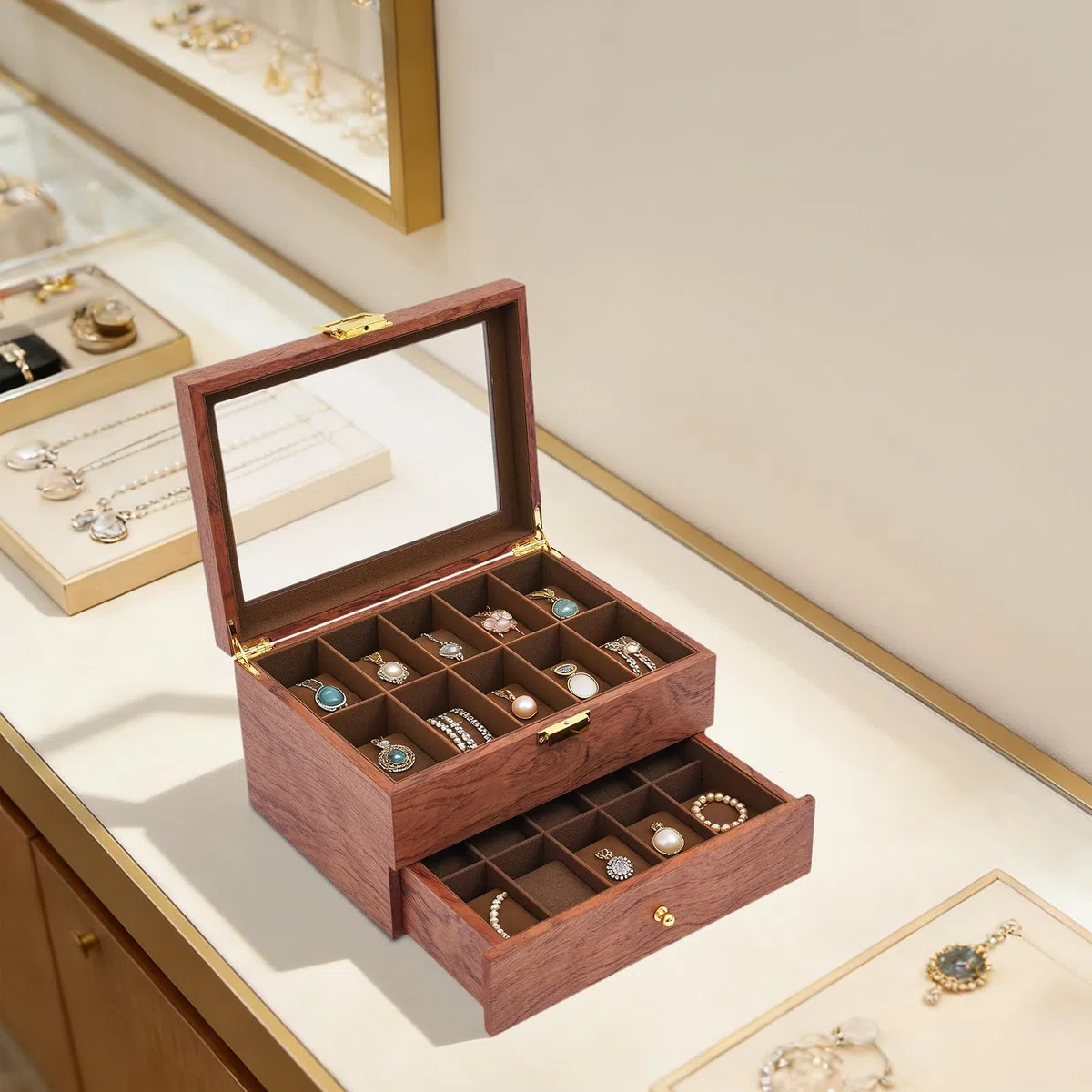 Scatola per orologi in legno massello, scatola per orologi da uomo/donna, con coperchio in vetro, 20 scomparti 2 piani