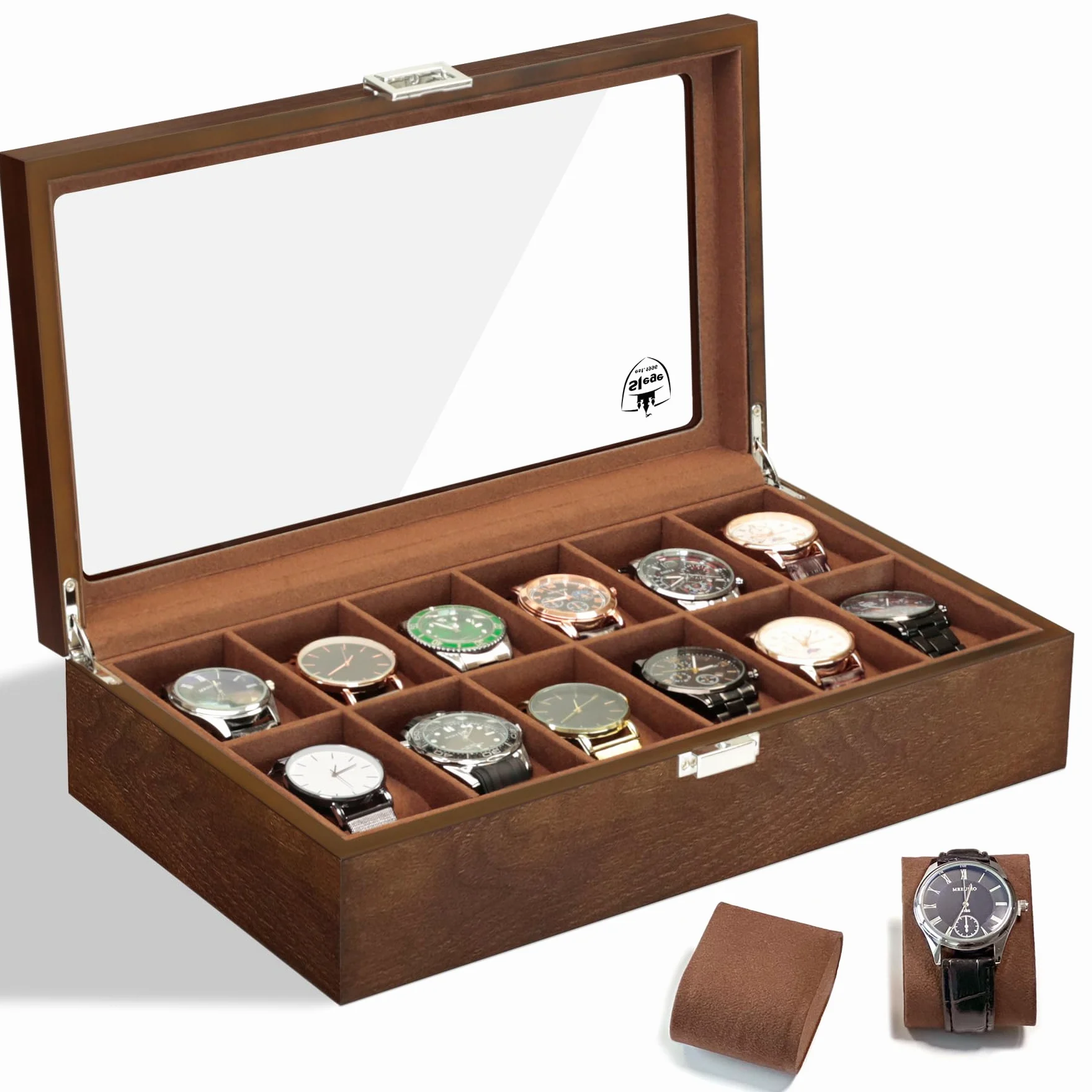 Slege porta orologi in Legno a 12 Posti,Scatola per orologi in Legno,Elegante Porta orologi uomo,Vetrina in Vetro Porta orologi per 12 orologi,Watch box per uomo Regalo (Marrone)