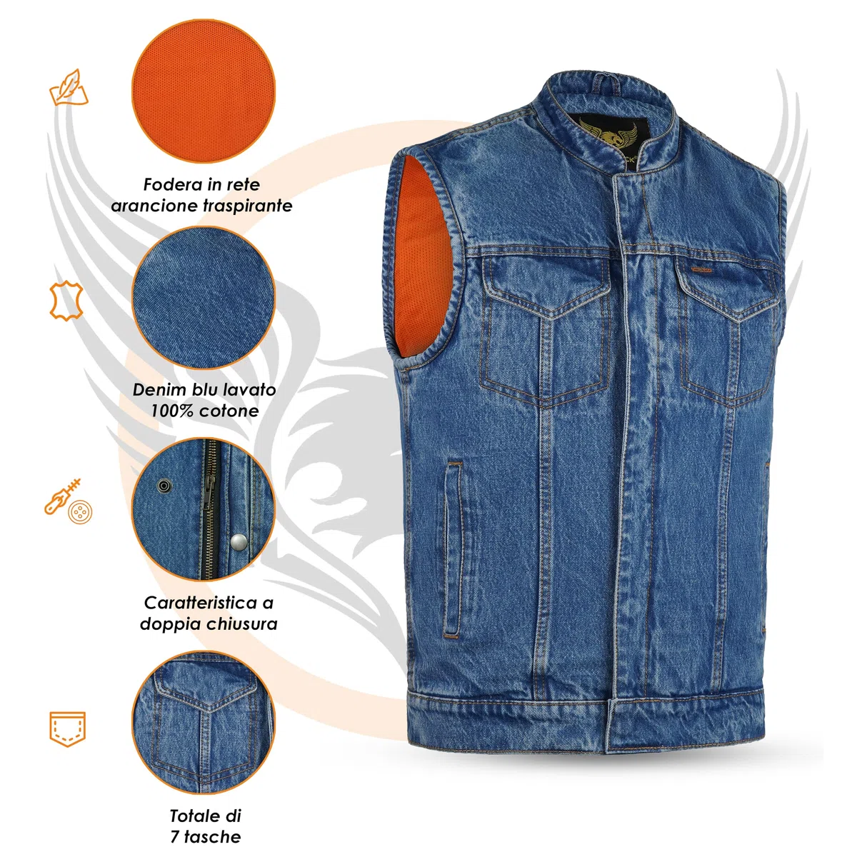 Leatherick Gilet da motociclista da uomo in denim pesante con interno traspirante, gilet da motociclista a doppia chiusura con tasche per il trasporto nascoste (IT, Testo, 3XL, Regular, Regular, Blu)