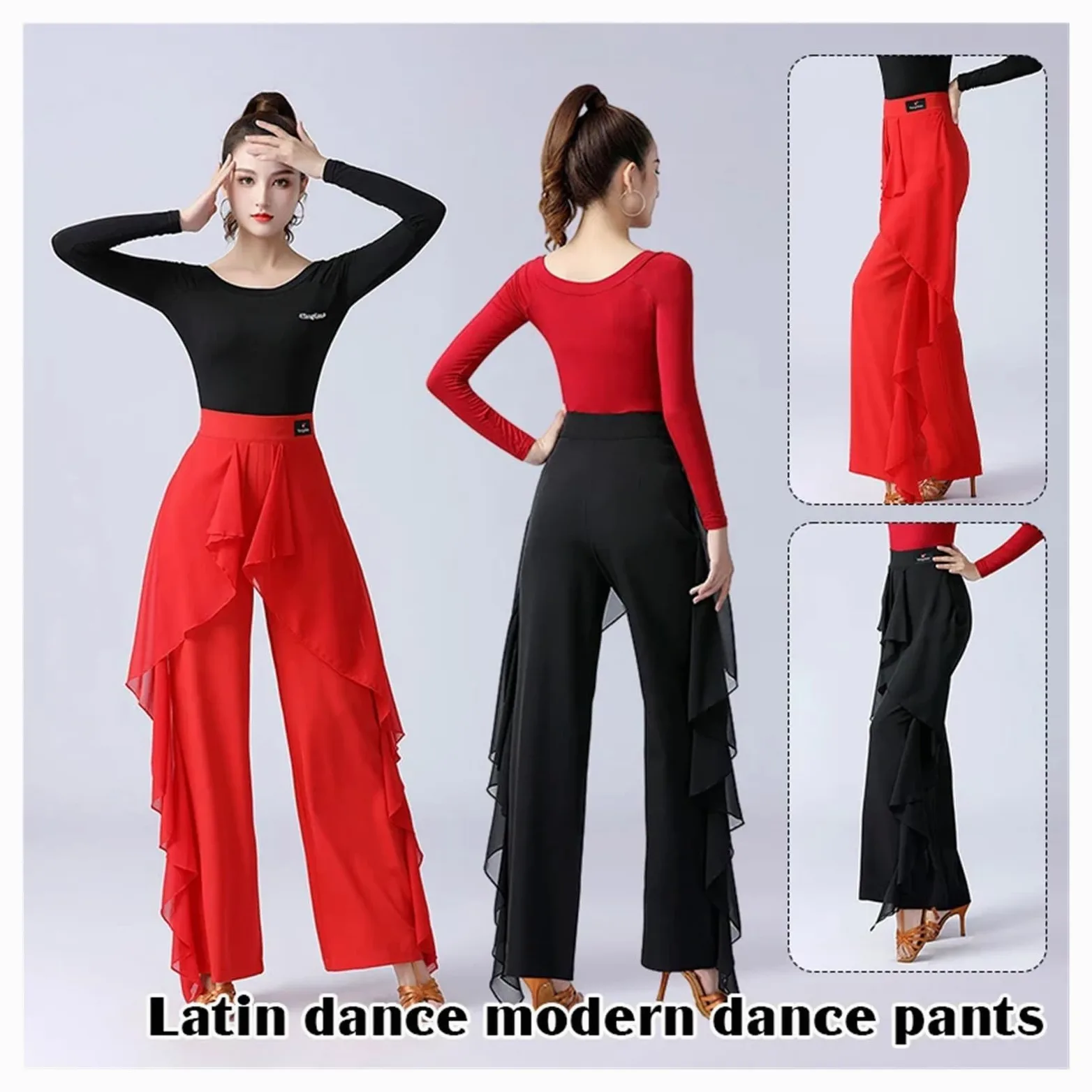 Pantalone Donna Elegante Pantaloni da Ballo Latino for Donna, Moderno, a Vita Alta, con Volant, Sala, Tango, for esibizioni e Prove