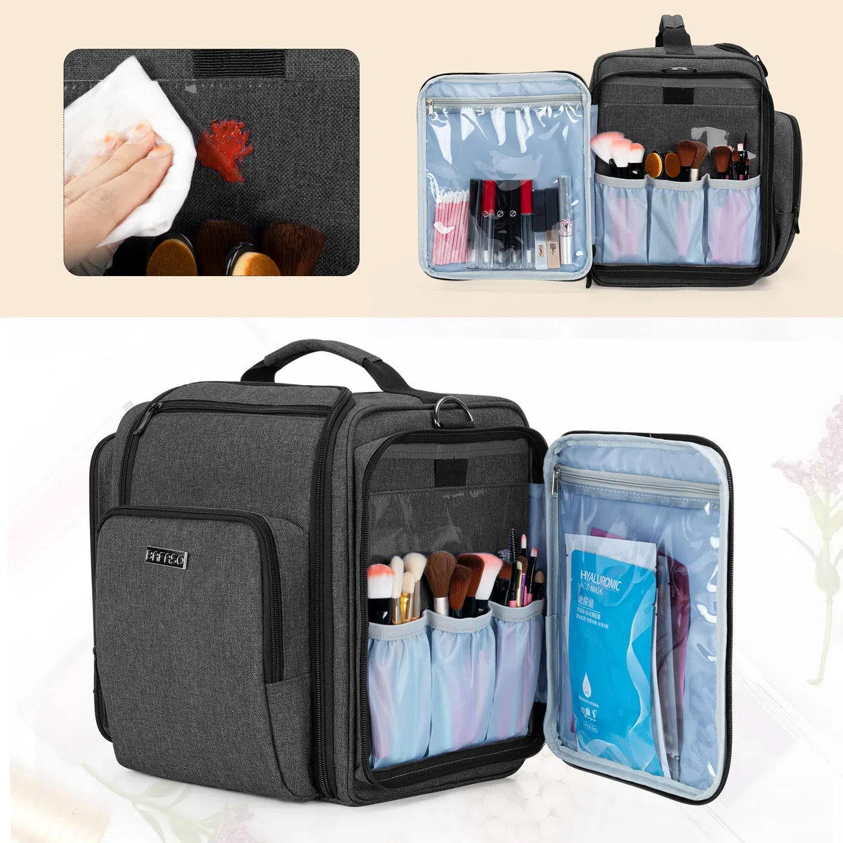 BAFASO Borsa per Trucco con 4 Tasche Interne Rimovibili, Borsa per il Trucco da Viaggio, Borsa per Cosmetici, Nero