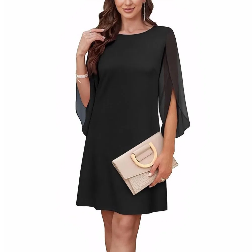 Vestito Donna Chiffon Elegante a Manica 3/4 Scollo Rotondo Elegante Casual Abiti per Cocktail Party(Nero/XL)