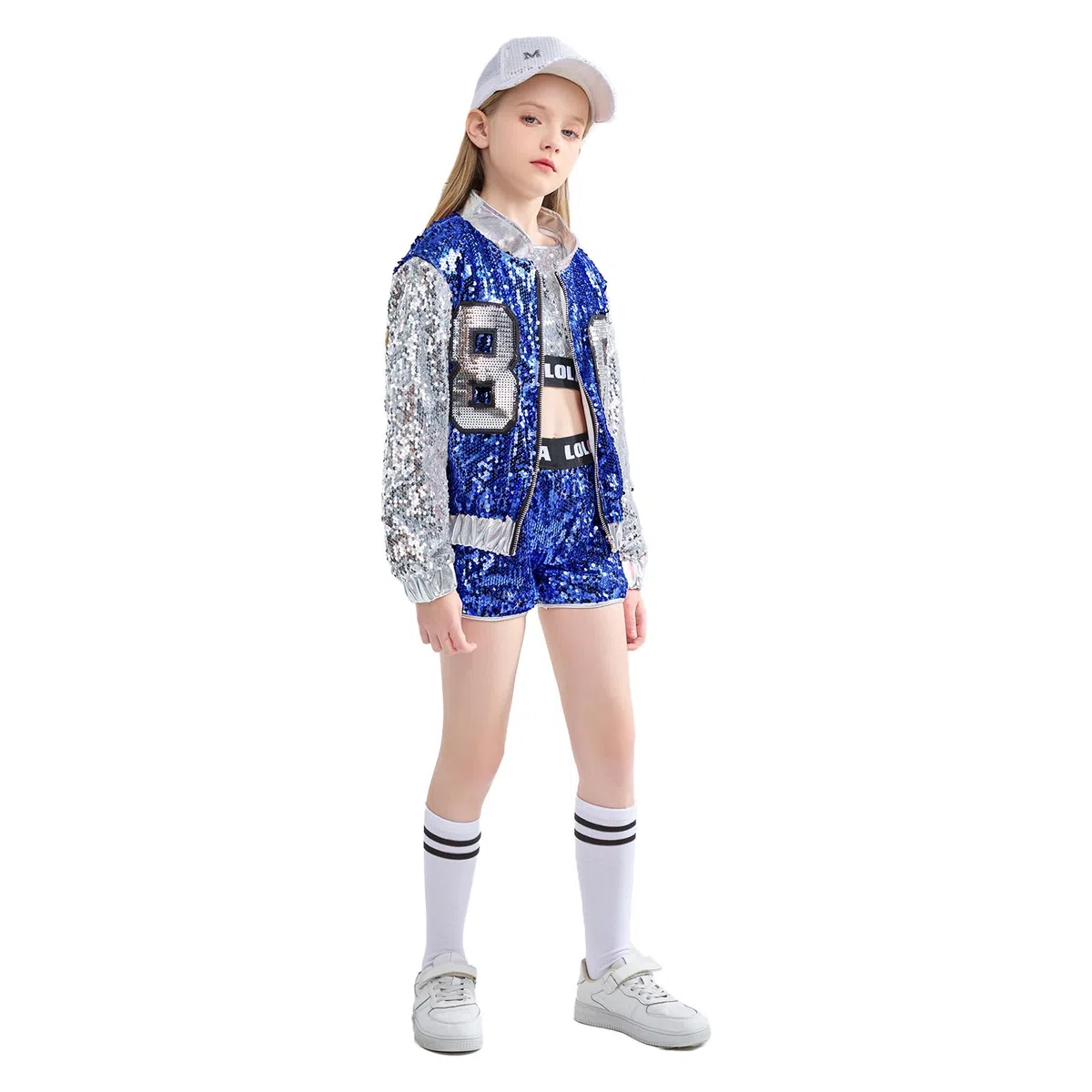 LOLANTA 4 Pezzi di Ragazze con Paillettes Costume da Ballo per Bambini Hip-Hop Stree Abiti da Ballo Set Calze attaccare, 4-15 anni