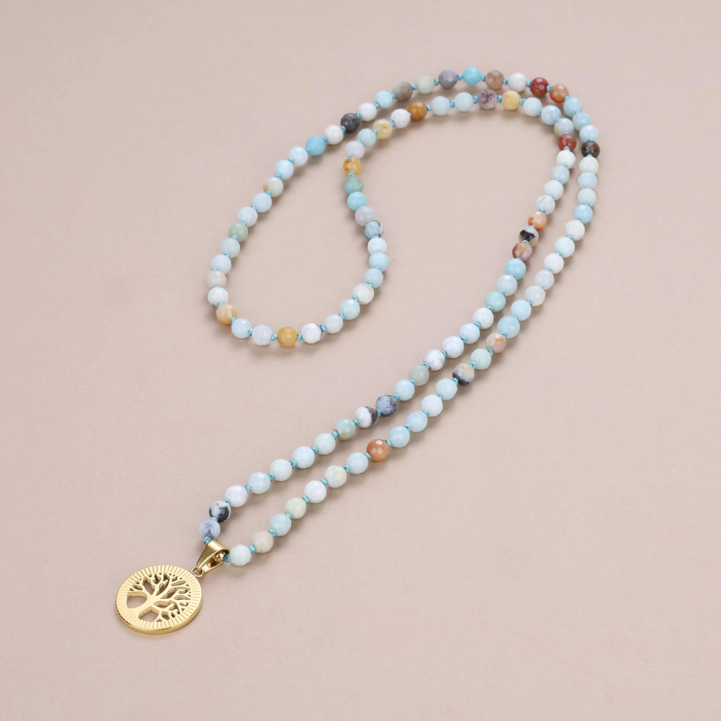 COAI Collana Mala Buddista 108 Perle di Pietre Naturali Annodate a Mano con Ciondolo in Acciaio Inox