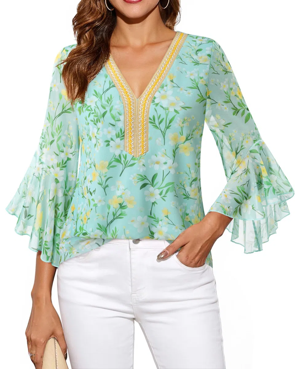 Bodhi talk Elegante camicetta da donna a 3/4, maniche a volant, con brillantini, tunica con scollo a V, a doppio strato, in rete, ideale per tutti i giorni e le feste