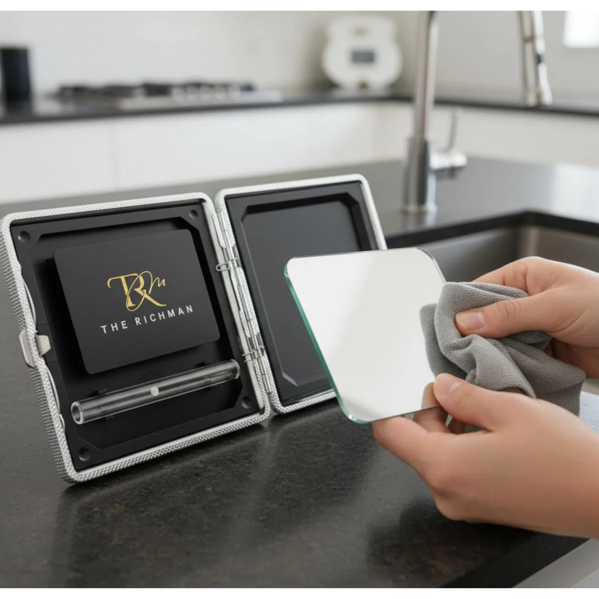 Set da tabacco "The Richman Premium" – Lussuoso, discreto & completamente magnetico! | Stile & funzionalità perfettamente combinati Tubo da tabacco in vetro, specchio & carta | 9 parti magnetiche per