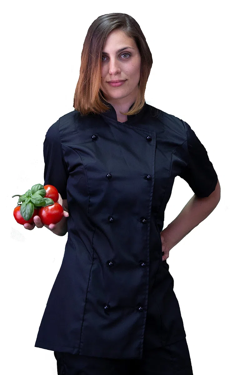Ricamo Gratuito - Completo Cuoco da Cucina Nero Divisa Chef Donna Manica Corta Pantalone, Giacca e Grembiule Made in Italy