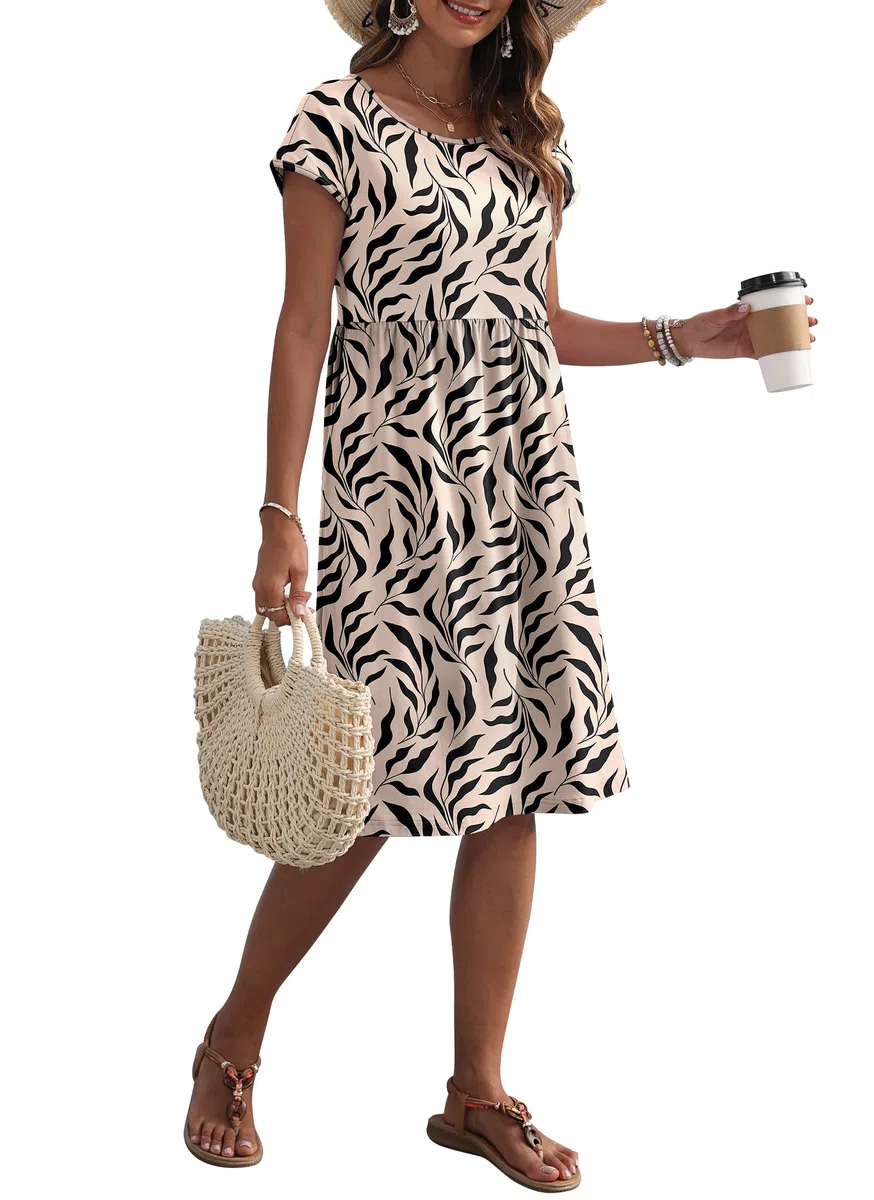 AUSELILY Vestito Estivo da Donna a Maniche Corte Abiti Casual Larghi Abito al Ginocchio con Scollo a Girocollo e Tasche