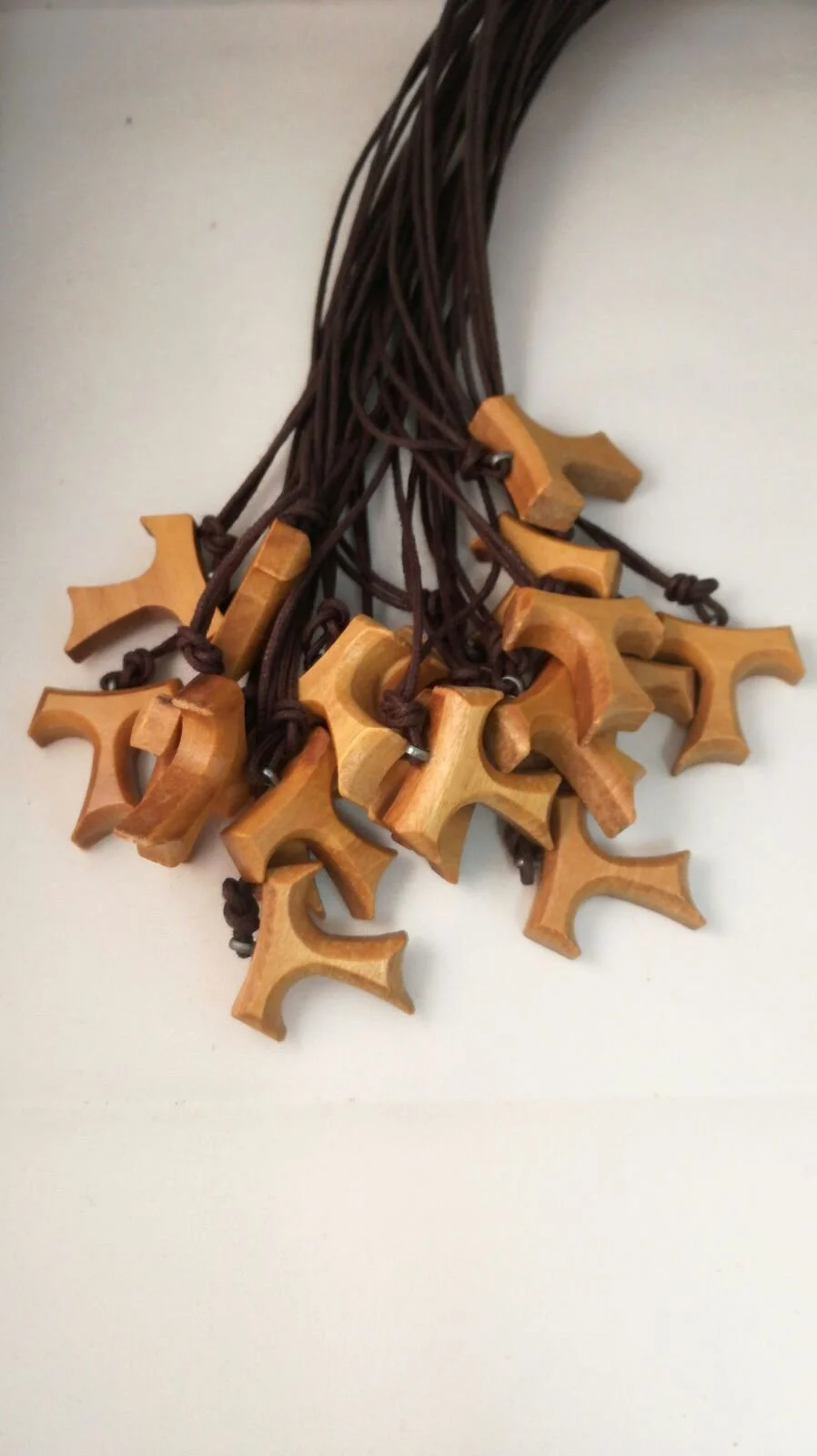 Set 20 Tau Collana Croce San Francesco Assisi Legno ulivo Pace e Bene cm 4