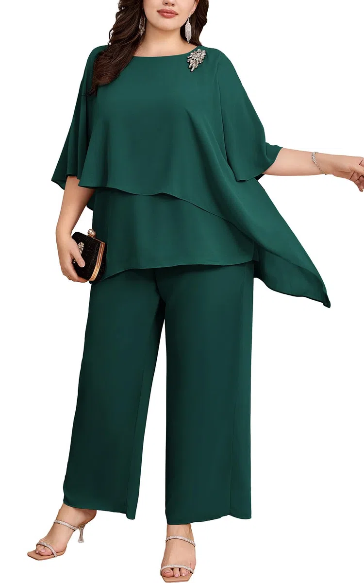 Hanna Nikole Plus Size Madre della Sposa Pantaloni Abiti 2 Pezzi Chiffon Set Increspature Strati di Matrimonio Guest Outfit