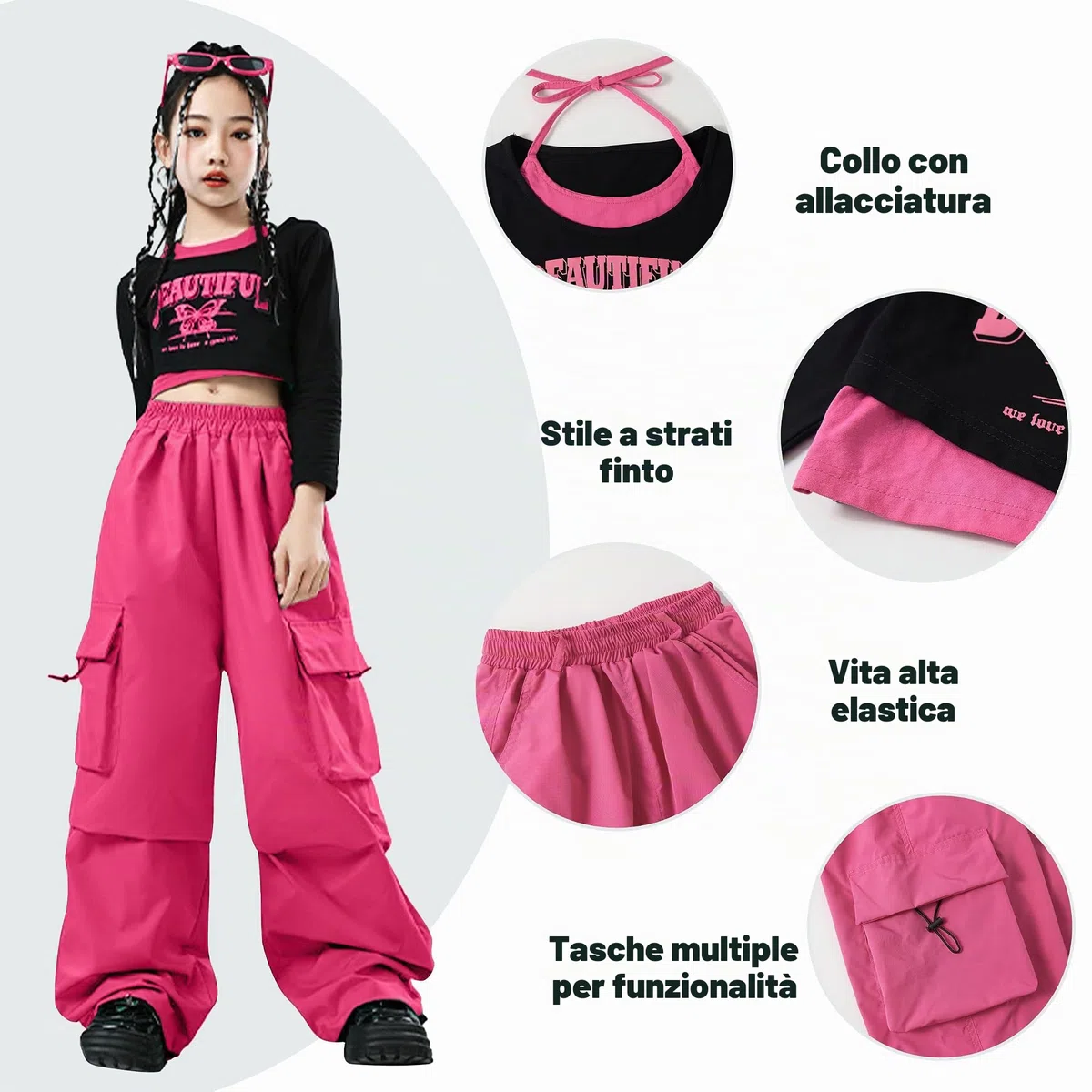 LOLANTA Ragazze Hip Hop Outfit, Top Corto Stampato & Pantaloni Cargo Dance Set, Streetwear alla Moda, 6-13 Anni