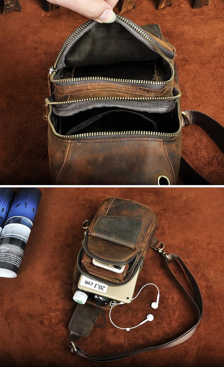 Le'aokuu Uomo Vera Pelle Casual all'aperto Escursionismo di Viaggio Borsa a Tracolla Zaino monospalla 8013