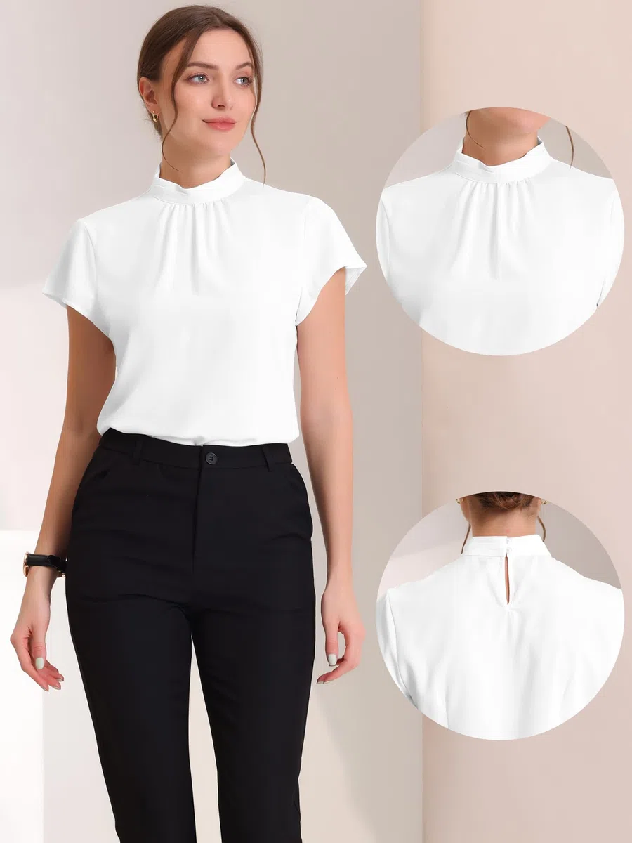 Allegra K Top da lavoro da donna con colletto alla coreana, manica ad aletta e buco della serratura sul retro, elegante