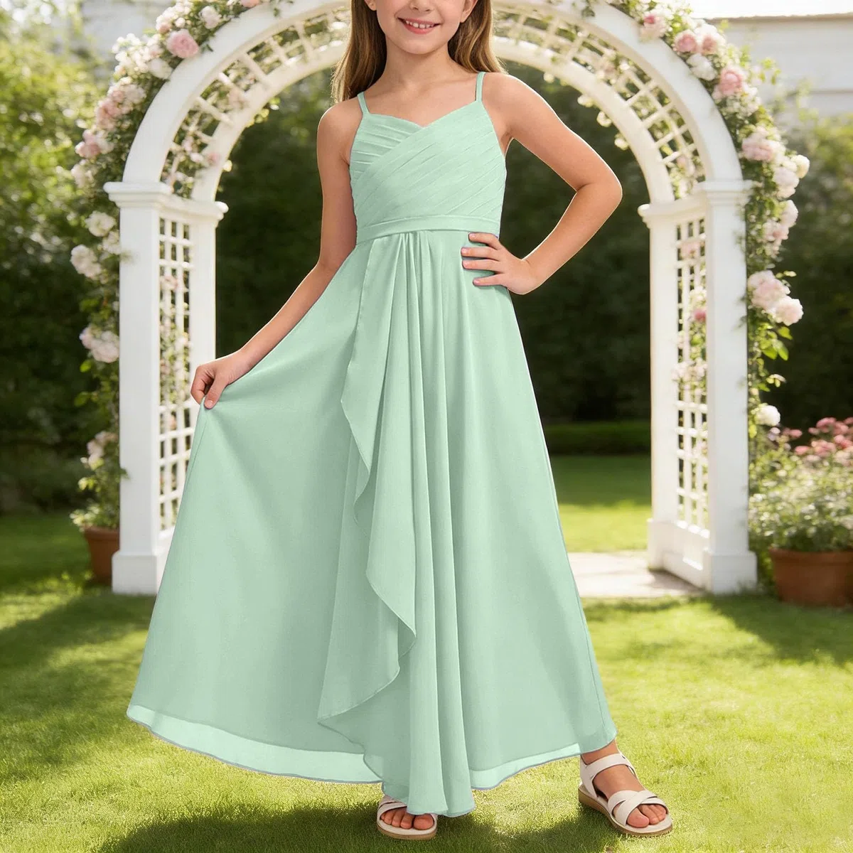 Abito Lungo in Chiffon svolazzante per Ragazze, Damigella d'Onore Junior, Abito da Sposa, Abito da Cerimonia