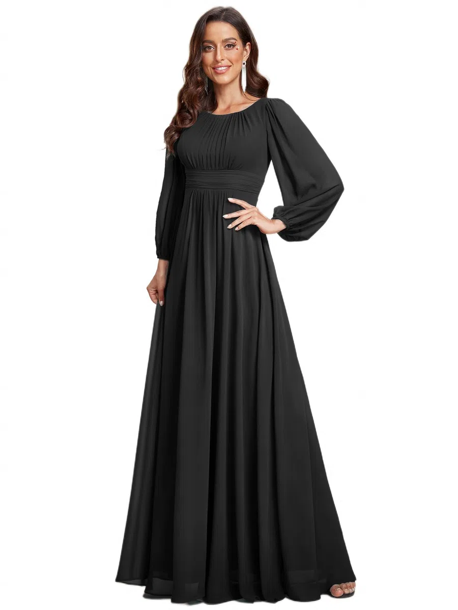 Ever-Pretty Vestito da Sera Donna Lungo Cintura Rotondo Manica Lunga Elegante Abiti da Cerimonia ES0106B